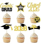 48 PCS Graduation Cupcake Toppers, 6 Styles Congrats Grad Cake Topper, Black and Gold Graduation ...