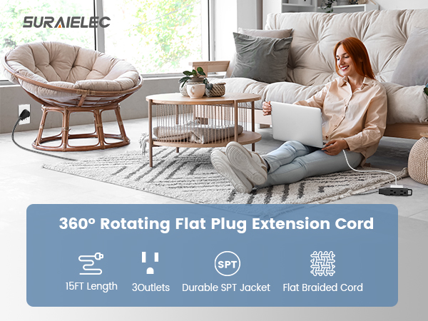 360° Rotating Flat Plug Extension Cord