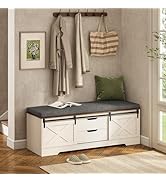 UPOSOJA Farmhouse Storage Bench with Cushion, Shoe Rack with Slide Barn Doors, Adjustable Shelf a...