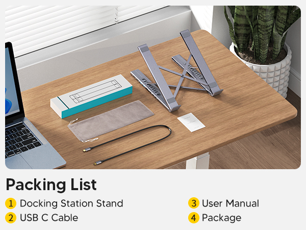 Text reads 'Docking Station Stand', 'USB C Cable', 'User Manual', 'Package'. Product layout showing laptop stand components on wooden surface.