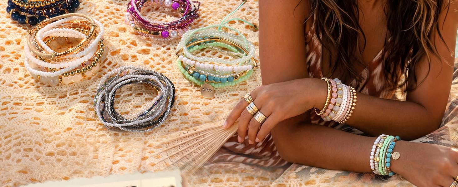Bohemian Stackable Bead Bracelets for Women Stretch Bohemian Style Multilayered Boho Bracelet