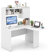 Giantex L Shaped Desk with Hutch, White Corner Desk with Storage Shelf &amp; Cabinet, Laptop PC Table...