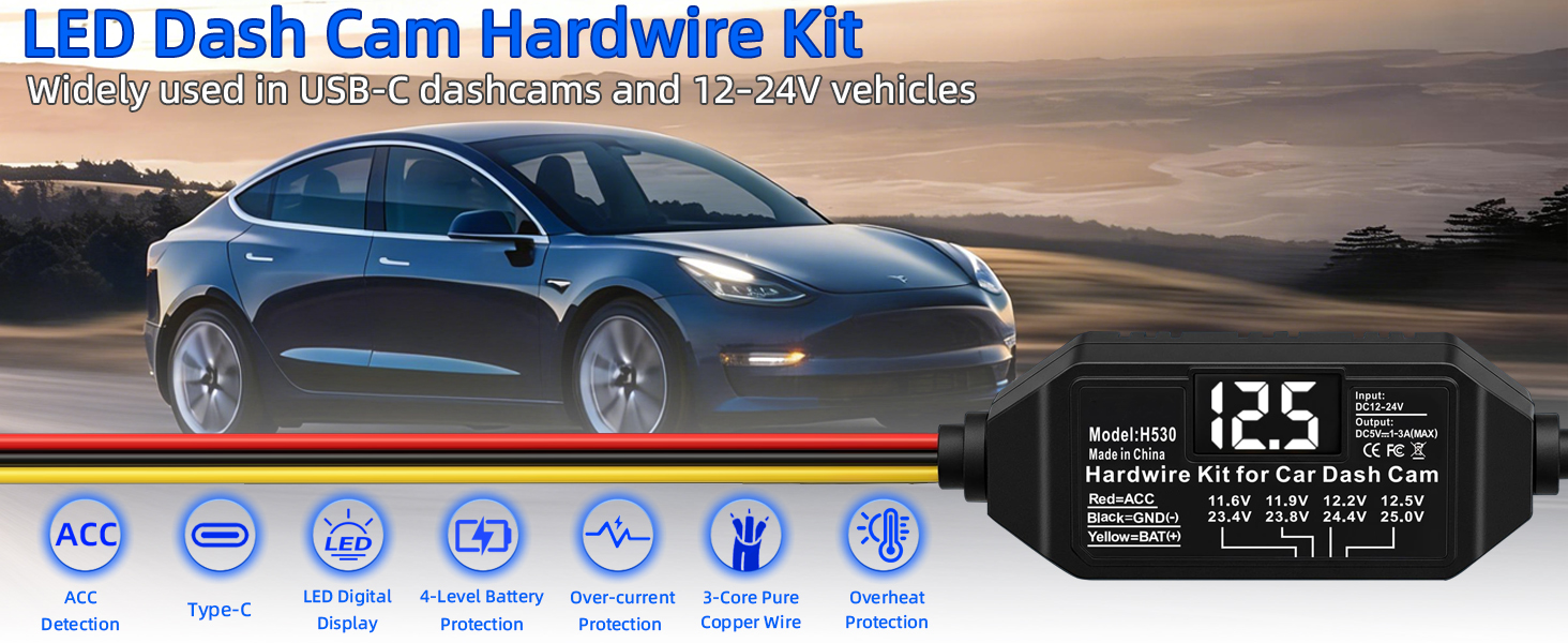 Dash Cam Hardwire Kit USB C, 12V-24V to 5V Type C Hardwire Kit with LED Voltmeter