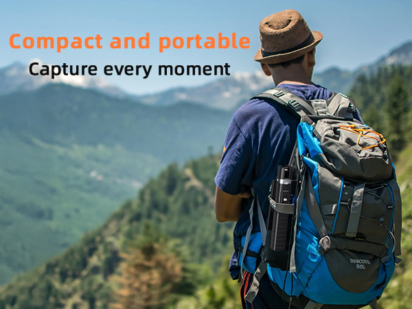Text reads 'Compact and portable' and 'Capture every moment'. Series of outdoor photography shots showing black camera backpack against mountain landscape backgrounds.