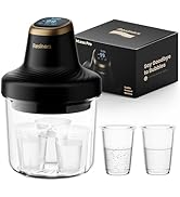 Black and clear manual food chopper with pull cord mechanism, shown with multiple container sizes and cutting attachments.