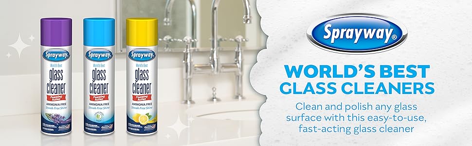 Sprayway Glass Cleaners on bathroom counter with title that says "World's Best Glass Cleaners".
