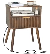 Fultyle Mid Cetury Modern Nightstand with Charging Station, Fluted Bedside Table with Storage, Mo...