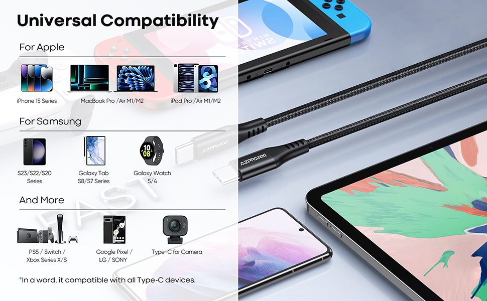 Long USB C to USB C Fast Charging Cable