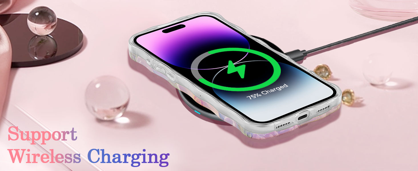 Text reads: 'Support' and 'Wireless Charging'. Multiple smartphones shown with wireless charging interface displays.