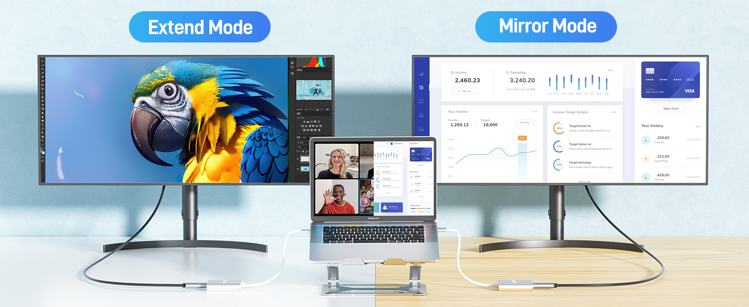 Two computer monitors displaying different modes: 'Extend Mode' shows a colorful parrot image, while 'Mirror Mode' presents a productivity interface with charts and graphs.