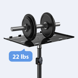 Weight plate holder with two 22 lbs plates mounted. Black metal frame with horizontal bar for plate storage and vertical support.