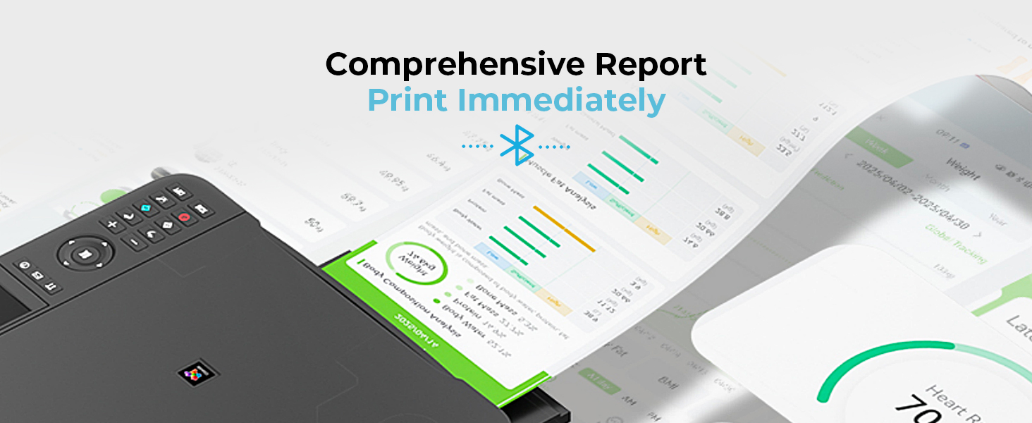 The printer connects to the Feelfit app via Bluetooth to print the health report.