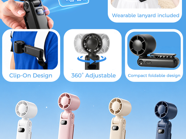 Rechargeable portable fan with 3600mAh battery, LED display and up to 12H runtime.