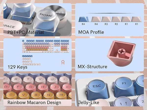 rainbow aesthetics, jelly-like transparent top, PBT+PC material, 129-key set, MOA profile