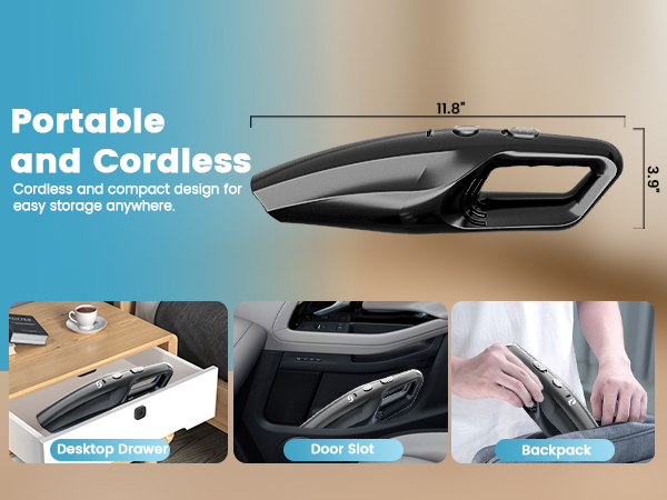 Portable cordless handheld vacuum cleaner shown in three usage positions - upright storage, dust bin, and cleaning action.