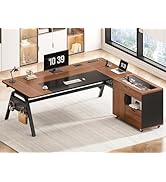 SEDETA L Shaped Computer Desk with Mobile File Cabinet &amp; Power Outlets, Executive Home Office Des...
