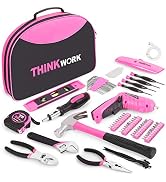 THINKWORK 122-Piece Pink Tool Set with 3.6V Rotatable Electric Screwdriver, Home Tool Kit for Wom...