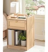 CHOEZON Nightstand with Charging Station, Side Table with Rattan-Style Drawer and Storage Shelf, ...
