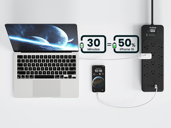 power strip surge protector usb c power strip 10ft 15ft 20ft 25ft extension cord black