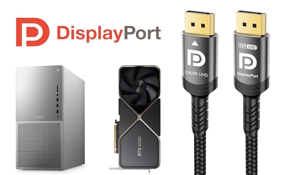 DisplayPort product lineup showing desktop computer tower, graphics card, and braided DisplayPort cables with branded connectors.