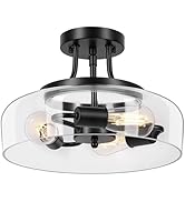 Modern Industrial Semi Flush Mount Ceiling Light with Clear Glass Shade, 3-Bulb Black Ceiling Lig...