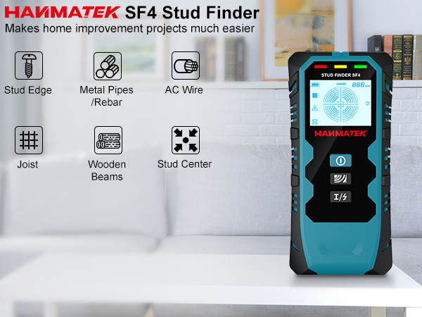 Text reads 'HAMMATEK SF4 Stud Finder'. Device display showing various modes including Metal Pipes, AC Wire, and Stud Center with corresponding icons.