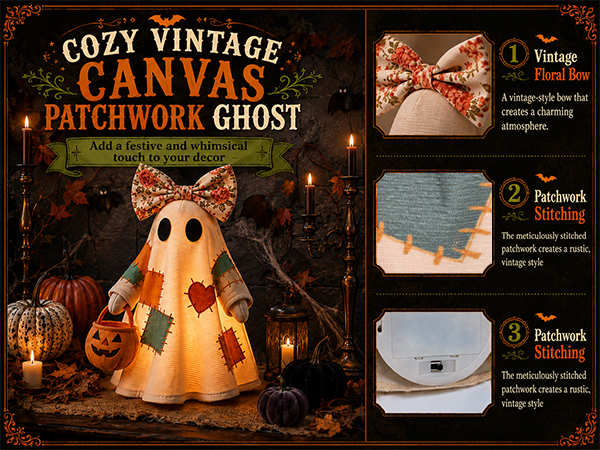COZY VINTAGE CANVAS PATCHWORK GHOST: Add a festive and whimsical touch to your decor