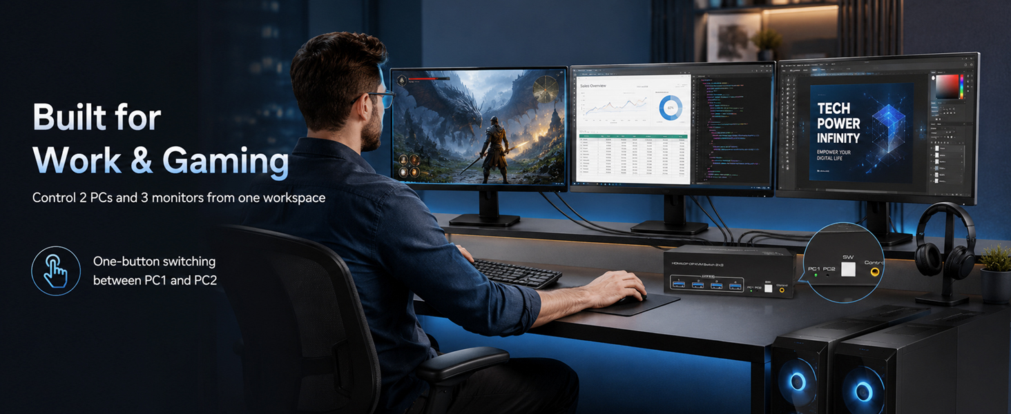 Built for Work &amp;amp; Gaming Control 2 PCs and 3 monitors from one workspace