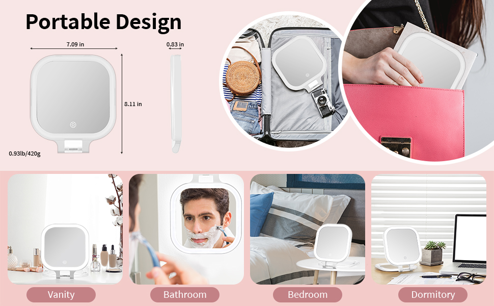 magnifying travel mirror with light