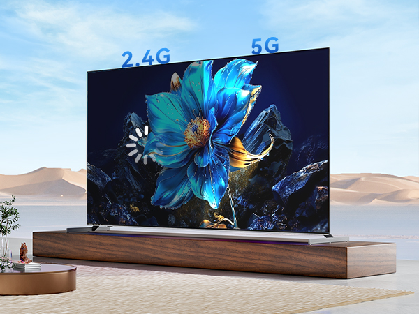 Text reads '2.4G' and '5G'. Product display showing electronic device with decorative blue floral designs against sky background, mounted on wooden surface.