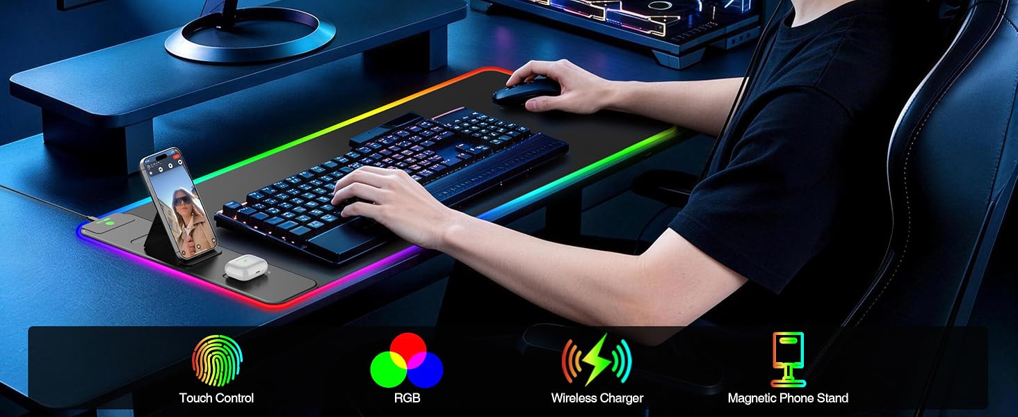RGB Gaming Mouse Pad with Wireless Charging Phone Stand