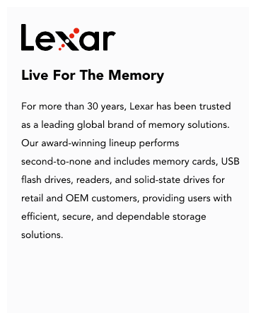 Text reads 'Lexar Live For The Memory' followed by description of memory solutions, including flash drives, memory cards, and storage solutions for retail and OEM customers.