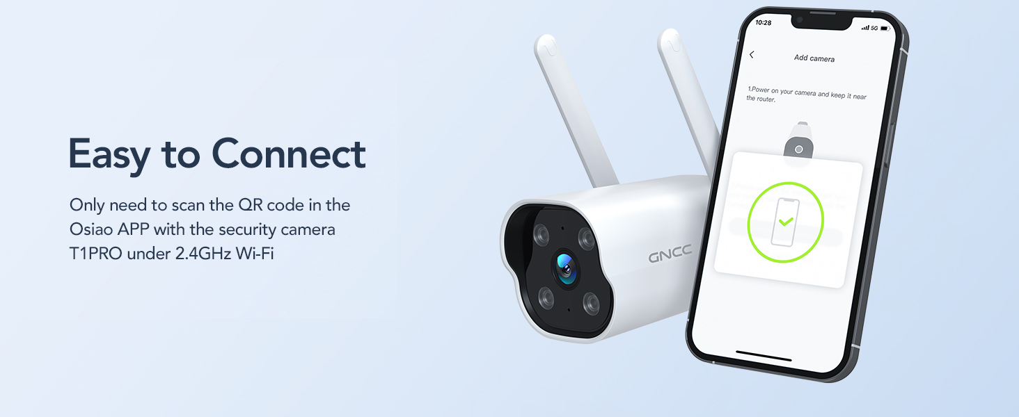 Wireless security camera with smartphone app interface. Text indicates easy connection using QR code and 2.4GHz Wi-Fi.