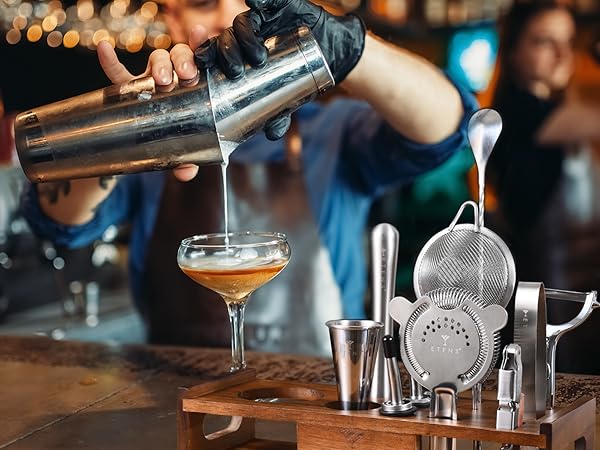 Premium 15-Piece Bartender Kit with Wooden Stand