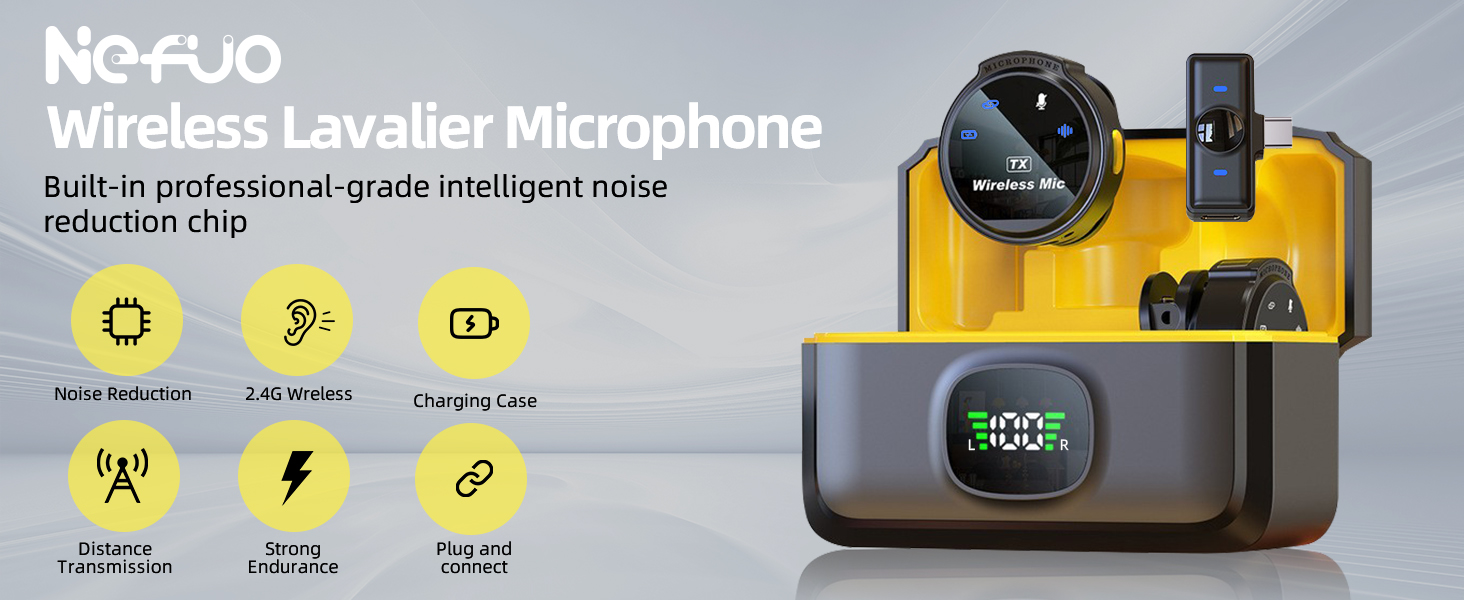 NGFUO wireless lavalier microphone with charging case. Product features displayed include wireless connection, battery status, and charging icons.