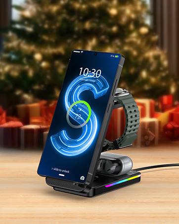 Wireless charging stand displaying a phone with blue circular charging animation, featuring angled viewing position and LED lighting effects.