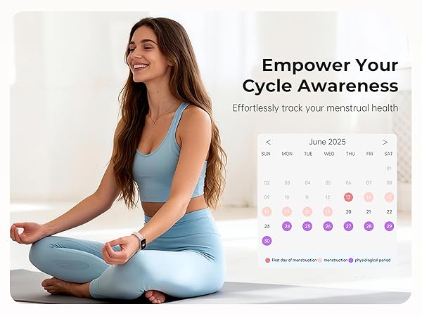Text reads 'Empower Your Cycle Awareness' and 'Effortlessly track your menstrual health'. Shows person in blue athletic wear practicing yoga/meditation, alongside period tracking calendar interface.