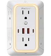 Wall Mount Power Strips Wall Charger 6 Outlet Extender 4 USB Ports (5V, 2.4A, 12W) and Night Ligh...