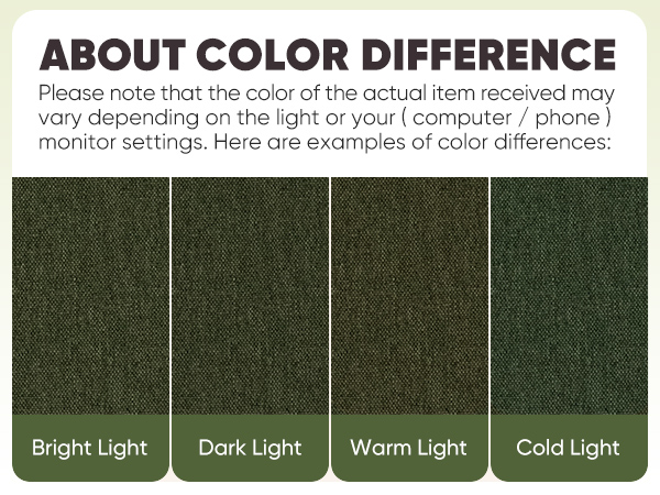 Text reads "ABOUT COLOR DIFFERENCE. Please note that the color of the actual item may vary depending on the light or your computer/phone monitor settings. Here are examples of color differences." Four color swatches labeled Bright Light, Dark Light, Warm Light, and Cool Light display the same product in different lighting conditions.