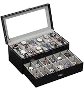 AUTOARK Leather &amp; Velvet 24 Watch Box Glass Top Jewelry Display Drawer Lockable Case Organizer,Re...
