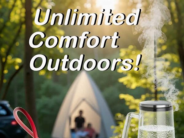 Text reads 'Unlimited Comfort Outdoors!'. Camping scene with teepee tent and camping accessories in natural outdoor setting.
