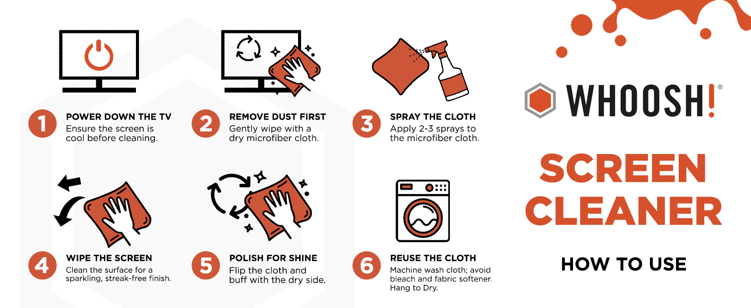 WHOOSH Screen Cleaner steps: power off, dust, spray cloth, wipe, polish, reuse cloth.