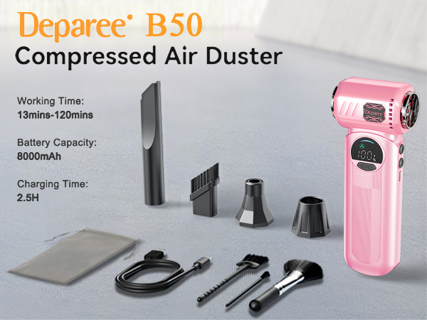 Pink air duster with full accessories nozzles brushes USB cable and storage bag included