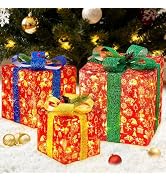 ALHAKIN Set of 3 Christmas Lighted Gift Boxes, Pre-lit LED Light Up Present Boxes, Christmas Deco...