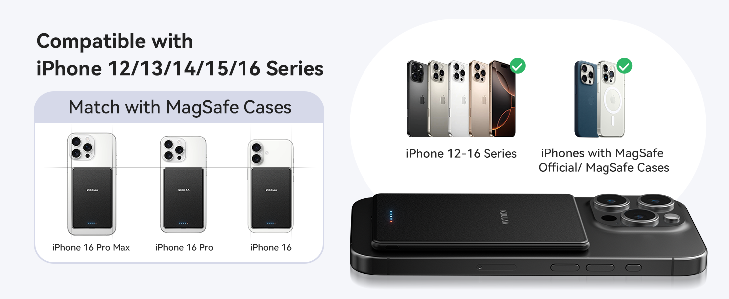 MagSafe wireless charger for iPhone 12-16 series. Black rectangular device with circular charging area. Compatibility chart shows phone models and case types supported.