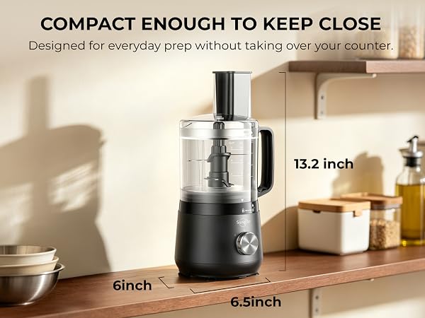 Compact Sangcon processor on a narrow shelf, 13.2 inches tall with a 6 by 6.5 inch footprint.