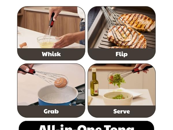 Spatula tongs for flipping fried food with one-hand operation, versatile whisk tongs