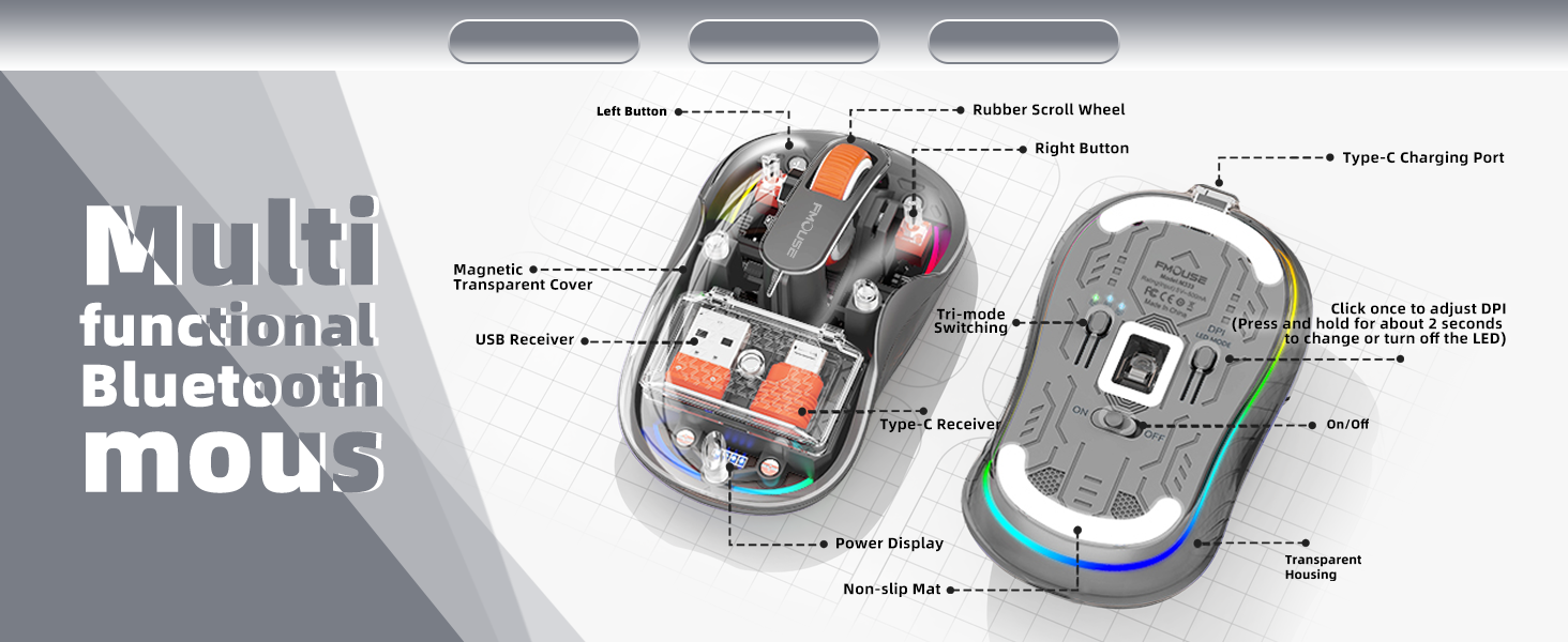 Transparent Bluetooth Mouse with USB &amp; Type-C Two Receiver, Small Portable Silent Wireless Mice