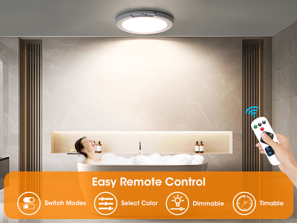 Smart ceiling light with remote control. Features include switch modes, smart color, dimmable, and timer functions. Person relaxing in bathtub below.