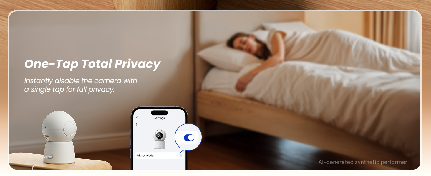 indoor security camera showing Privacy Mode toggle, a woman sleeping in a bedroom.